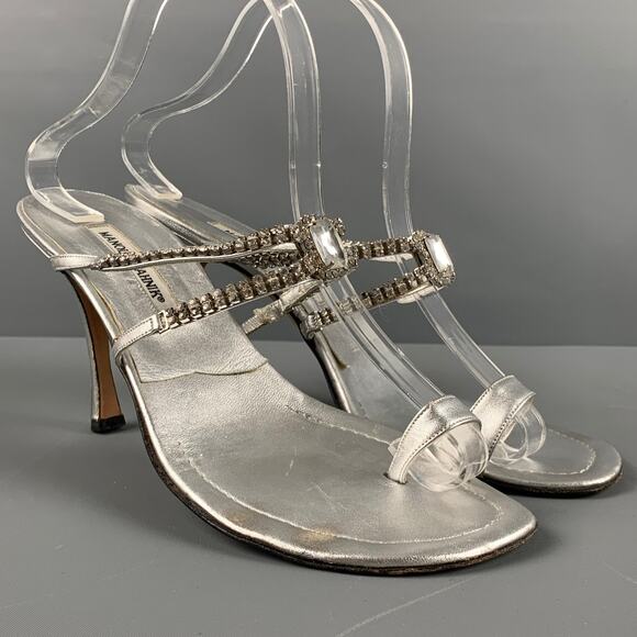 Manolo Blahnik Shoes - MANOLO BLAHNIK Size 10.5 Silver Leather Strappy Sandals